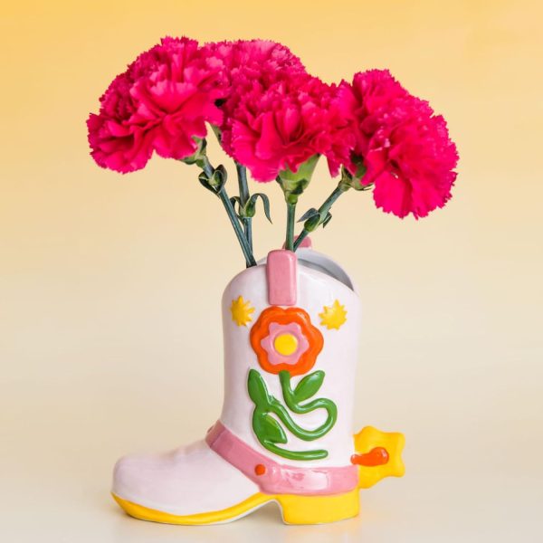 oem/odm services ban.do small cowboy boot vase, cute cowgirl boot vase, colorful ceramic shelf decor for home or office, unique/quirky/funky/fun flower vase doubles as pencil cup, giddy up affordable bulk deals