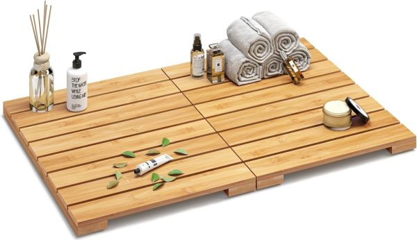 manufacturer direct waterproof bamboo bath mat for shower, wooden floor mat for bathroom, foldable | non-slip | heavy duty, shower mat for indoor outdoor, 23.5in x 15.6in trade price
