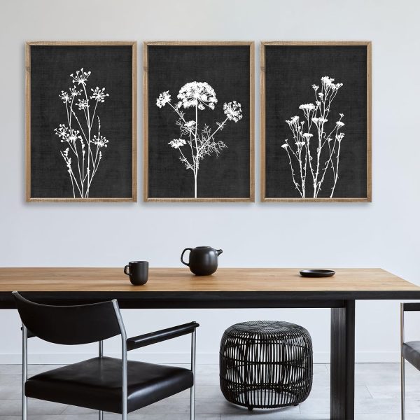 bulk purchase flower plant wall art decor 16"x11" set of 3 black and white botanical painting wood framed for minimalist bedroom office rustic living room abstract wildflower sign hanging (wood black) trade price