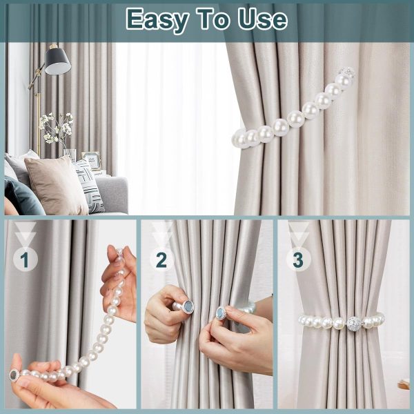 bulk purchase auleep magnetic curtain tiebacks, 2 pack pearl curtain holdbacks curtain holders with double elastic cord drapes modern curtain ties for home, office, window decoration(white) factory discount