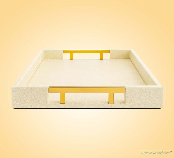wholesale direct modern elegant 18"x12" rectangle cream glossy shagreen decorative serving tray with gold polished metal handles by home redefined for all occasion's bulk purchase at factory prices