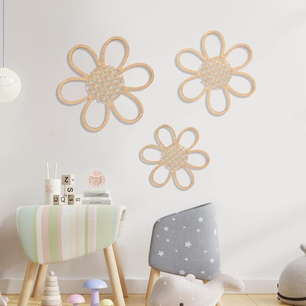 bulk purchase maitys 3 pieces boho daisy wall decor natural rattan flower wall hanging art wooden boho nursery flowers wall decor for home nursery(classic color) trade price