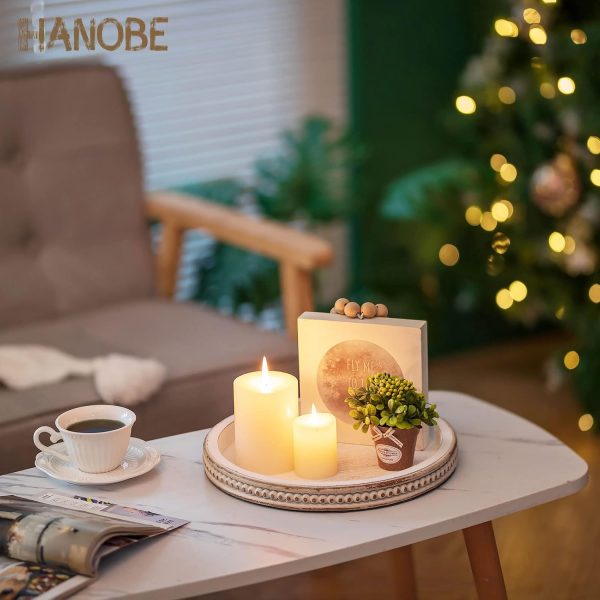 wholesale direct hanobe decorative serving tray wood: white washed bead round tray decor for coffee table rustic wooden trays farmhouse centerpiece for living room kitchen counter bulk purchase at factory prices