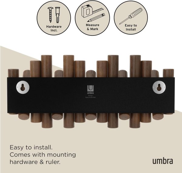 competitive pricing umbra picket wall-mounted coat rack rail hook with 5 retractable wood pegs – modern, space-saving storage organizer, walnut one-stop wholesale