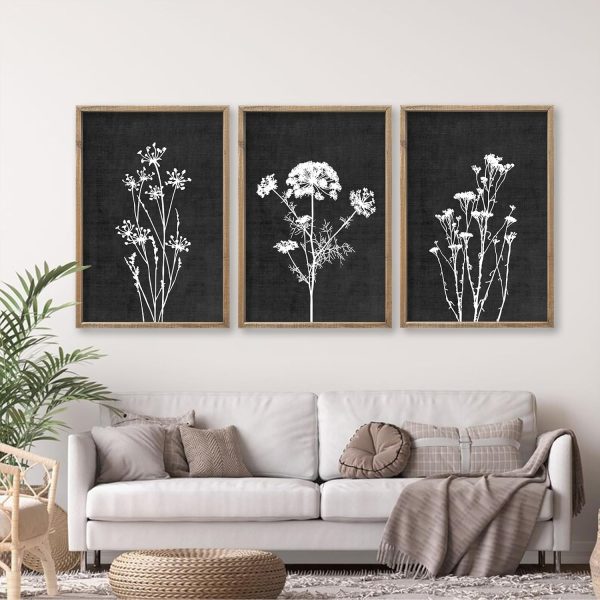 bulk purchase flower plant wall art decor 16"x11" set of 3 black and white botanical painting wood framed for minimalist bedroom office rustic living room abstract wildflower sign hanging (wood black) trade price