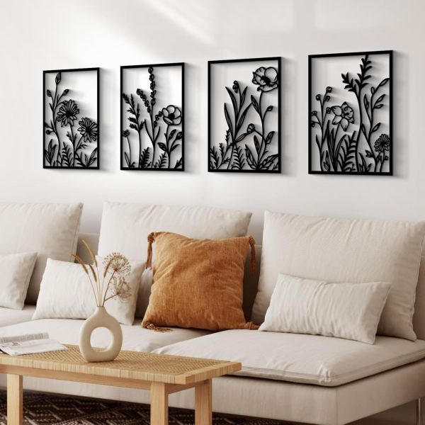 factory direct glamativity 4 pcs black abstract flowers metal wall art, 17 x 12'' minimalist floral single line wall décor, 3d textured sculptures, rustic nature wall art décor for living room, bedroom, study volume discount