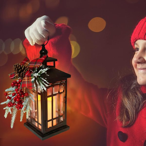 custom wholesale christmas decorative lantern w/led flickering flameless candle - 14 inch, antiqued vintage lantern with xmas ornament for outside indoor table holiday party decoration oem/odm services