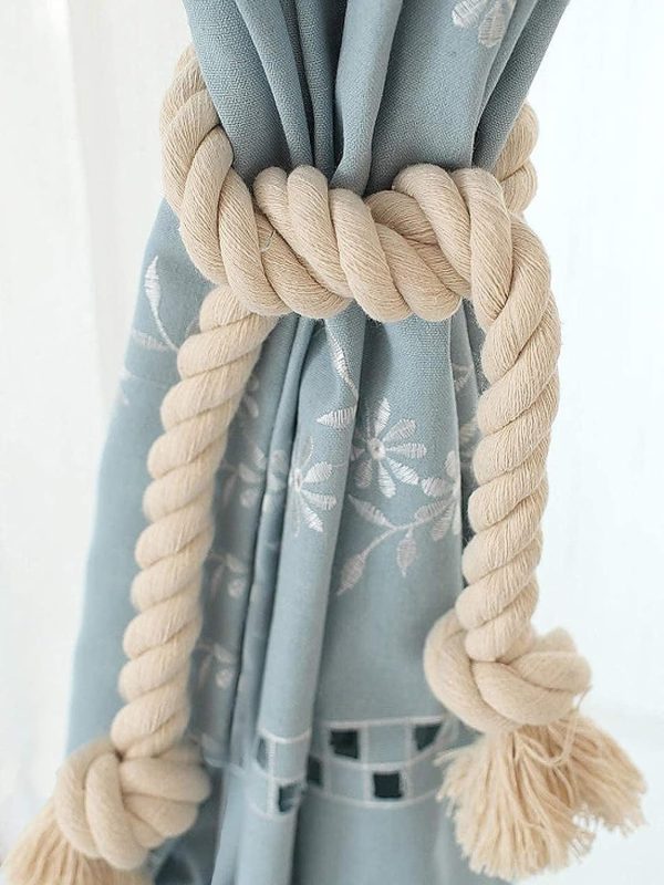 bulk purchase 4 pcs natural cotton curtain tiebacks- cream color farmhouse style curtain holdback rope, curtain decorative holdbacks for rural style drapery tieback factory discount