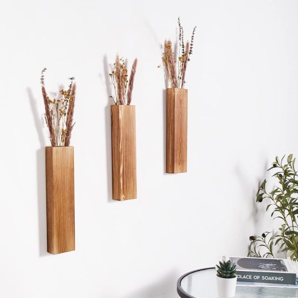 bulk purchase 3 pack wall planters for indoor plants, wood wall decor for bathroom, bedroom living room, modern farmhouse wooden pocket wall vases for dried flowers and faux greenery plants (brown) trade price