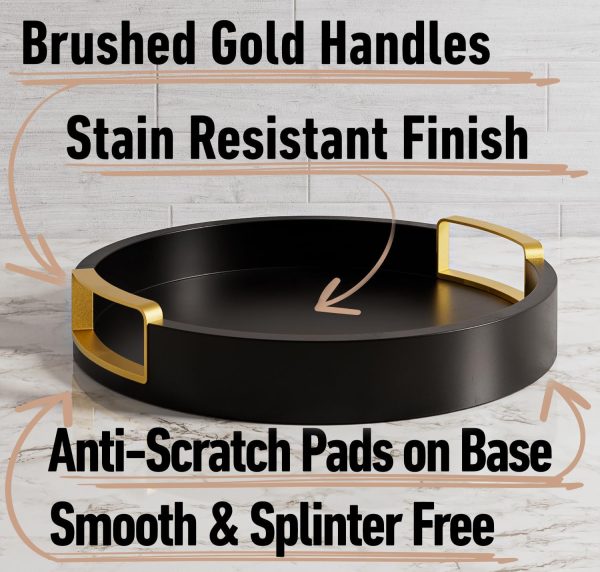 wholesale direct round decorative tray - 12" round black tray with gold handles - round coffee table tray - black round tray for kitchen counter - small round wood tray with handles - round serving tray with handles bulk purchase at factory prices