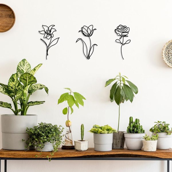 factory direct oubasa black metal flowers wall decor for bathroom, cute floral wall sculptures minimalist wall art for kitchen bedroom living room restroom decoration, 6x10 inches, set of 3 volume discount