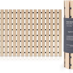 manufacturer direct nativeskins faux bamboo bath mat, non-slip safety lining, bamboo shower mat, waterproof, quick-drying, mat for spa, sauna, bamboo mat, teak bath mat, bamboo rug - medium 16.9 x 25.2 inches trade price