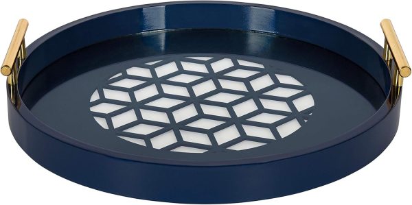 wholesale direct kate and laurel caspen round cut out pattern decorative tray with gold metal handles, 15.5", navy and gold bulk purchase at factory prices