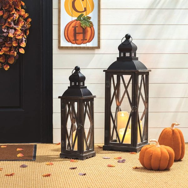 custom wholesale glitzhome 2 pack farmhouse wood/metal decorative candle lanterns vintage hanging lantern for patio - tabletop, black (no glass) oem/odm services