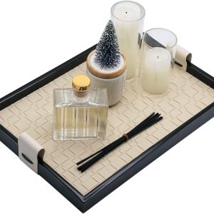 wholesale direct modern luxury 16"x11" woven leather and wooden rectangle tray - jewelry tray, vanity tray, decorative tray, catchall tray, serving tray, and for all occasions by curated collectives (beige, large) bulk purchase at factory prices
