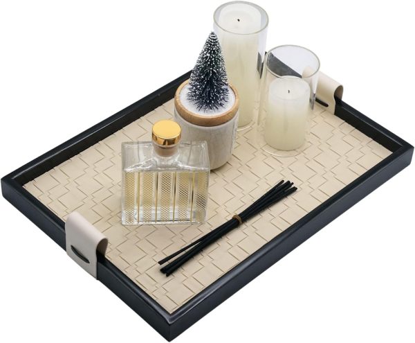wholesale direct modern luxury 16"x11" woven leather and wooden rectangle tray - jewelry tray, vanity tray, decorative tray, catchall tray, serving tray, and for all occasions by curated collectives (beige, large) bulk purchase at factory prices