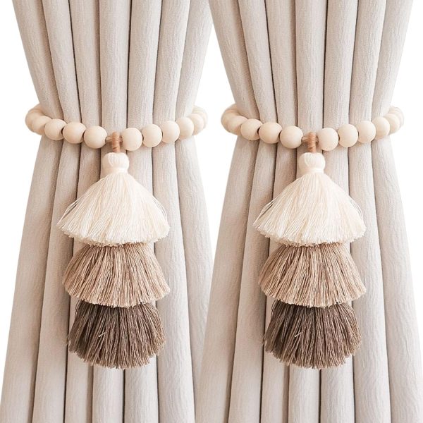 bulk purchase 2pcs wooden bead curtain tiebacks, tassel curtain clasp magnetic curtain clasp, boho curtain tiebacks,curtain tiebacks no hole punching decorative (coffee) factory discount