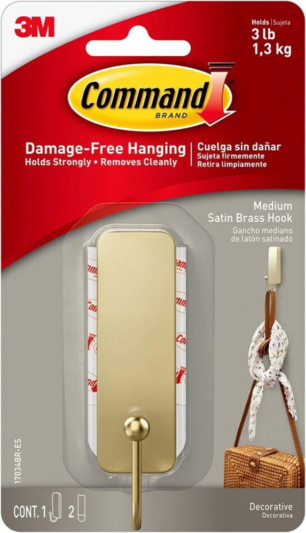 competitive pricing command medium satin brass wall hook, 1 hook and 1 command strip, damage free hanging wall hooks with adhesive strips, coat hooks for hanging christmas decorations, holds up to 3 lb one-stop wholesale