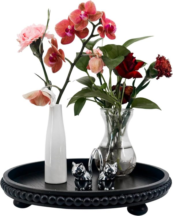 wholesale direct decorative tray 12in round wood beaded - black serving tray risers for living room, coffee table, kitchen or farmhouse display bulk purchase at factory prices