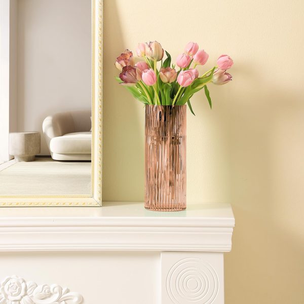 oem/odm services pink glass vase, glass flower vase, ribbed glass vase, pink vase, tall cylinder glass vase for centerpieces, living room, bedroom, dining table, office, wedding, bookshelf decoration,10 inches affordable bulk deals