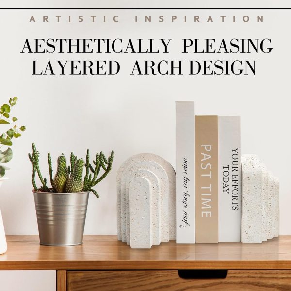 supplier direct heavy duty book ends for shelves, decorative book stopper for shelves, resin decor bookends for heavy books, modern home decor aesthetic book ends aesthetically pleasing layered arch design, set of 2 wholesale prices
