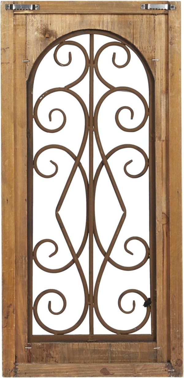 bulk purchase deco 79 wood scroll home wall decor window inspired wall sculpture with metal scrollwork relief, wall art 11" x 2" x 23", brown trade price