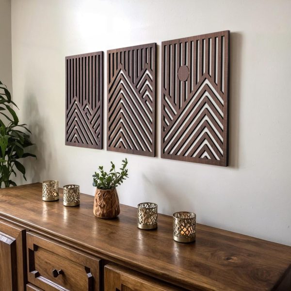 bulk purchase qmmp modern mountain and sun wall sculptures - set of 3 - walnut - home decor accent - wall art for living room, bedroom, office - easy installation (walnut, medium) trade price