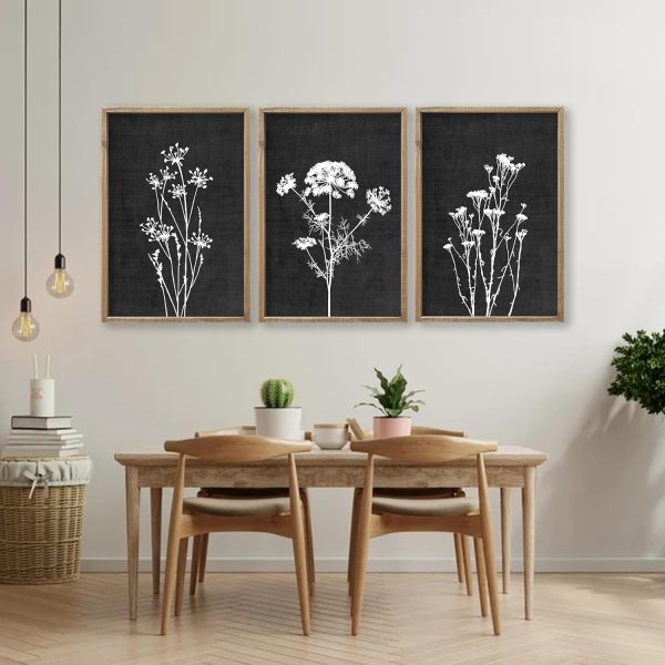 bulk purchase flower plant wall art decor 16"x11" set of 3 black and white botanical painting wood framed for minimalist bedroom office rustic living room abstract wildflower sign hanging (wood black) trade price