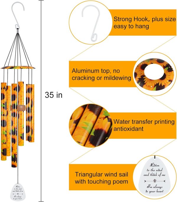 producer to buyer sunflower wind chimes for outside, 35" large aluminium wind chimes garden decor gifts for women mom grandma, outdoor decoration for yard patio porch lawn landscape discounted pricing