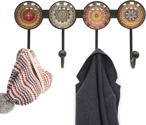 competitive pricing coat rack wall mounted with 4 hooks, round brown pattern decorative wall hooks for hanging hat, key, towel, purse, bag and robe, for entryway bathroom organizer hanger one-stop wholesale