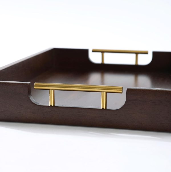 wholesale direct joy&grace acacia wooden serving tray with metal handles 16.8 x 12.8 inch ottoman tray for living room coffee table large wood decorative tray color brown bulk purchase at factory prices