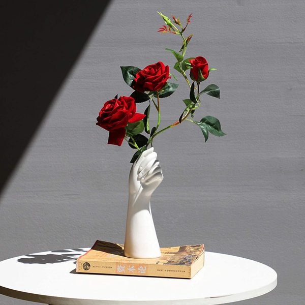 oem/odm services 9 inch modern art ceramic flower vase hand holding plants flower container, tabletop white arm vase for home office decoration affordable bulk deals