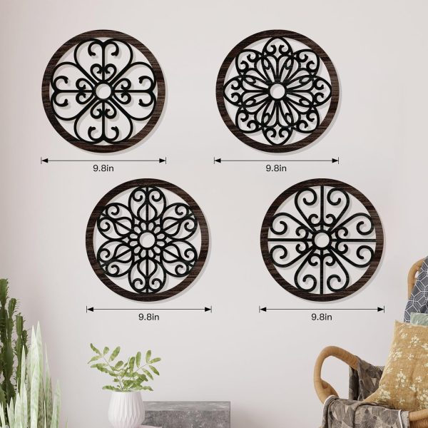 bulk purchase zzbakress 4 pcs wooden grainy rustic wall art farmhouse wall decor wooden exquisite hollow pattern wall decor elegant round wall art for living room dinner room kitchen bedroom hallway (black, rustic) trade price