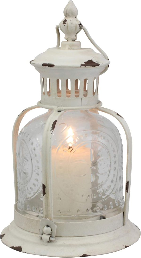 custom wholesale stonebriar antique worn white metal candle lantern, use as decoration for birthday parties, a rustic wedding centerpiece, or create a relaxing spa setting, for indoor or outdoor use oem/odm services