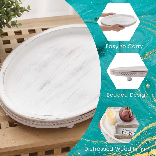 wholesale direct wooden tray,oval decorative tray for coffee table kitchen dinning table entryway, small beaded tray for holidays, farmhouse centerpiece decor tray weathered white bulk purchase at factory prices