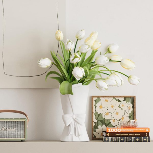 oem/odm services white ceramic vase unique cute bow decorative bouquet flower vases, 9.64in large modern dried flowers tulips branches vase for home living room table decor women girl gifts affordable bulk deals