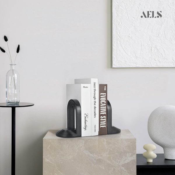supplier direct aels mordern bookends, mid century arch heavy duty book ends, unique decorative bookend supports for shelves, office desktop book stand, stopper for books/movies/cd,thanksgiving, black wholesale prices