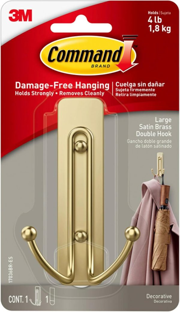 competitive pricing command large satin brass double hook, 1 hooks and 1 command strip, damage free hanging wall hooks with adhesive strips, coat hooks for hanging christmas decorations, holds up to 4 lb one-stop wholesale