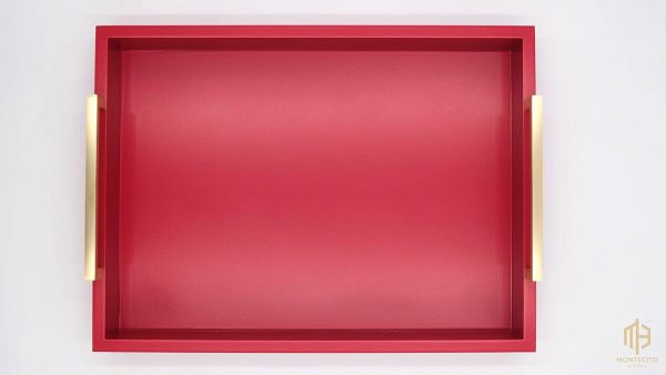 wholesale direct decorative coffee table tray - ottoman tray - breakfast, drinks, liquor serving tray - from farmhouse to modern - matte finish - champagne gold handles - crimson red bulk purchase at factory prices