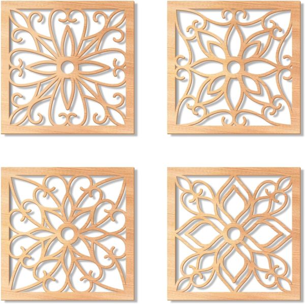 bulk purchase koyiltd 4 pieces thicken rustic wall decor,flower carved wall art,wooden hollow carved design (square, 8.2in) trade price