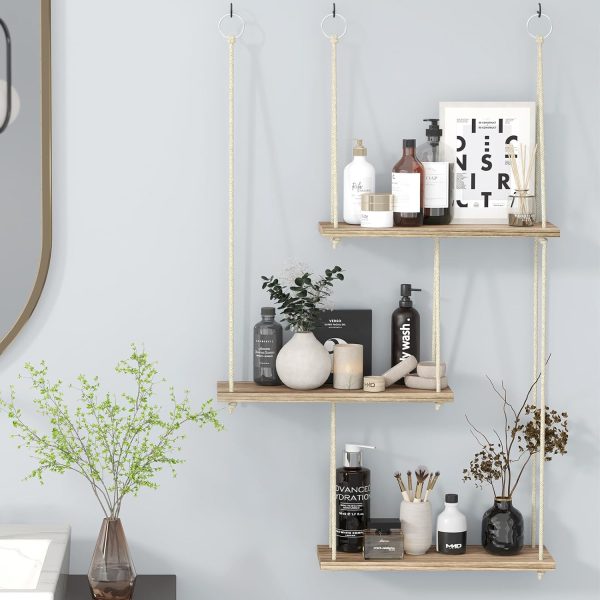 bulk purchase fixwal hanging shelves for wall, 3 tier boho wall decor plant rack floating shelves rope rustic wood organizer storage hanger for aesthetic home bedroom kitchen bathroom- rustic brown trade price