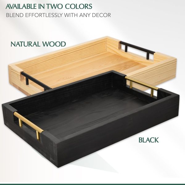 wholesale direct wooden serving tray by tasteful surroundings – ottoman tray - natural wood color with black metal handles - modern decorative trays with metal handles – coffee table tray for living room & bedroom bulk purchase at factory prices