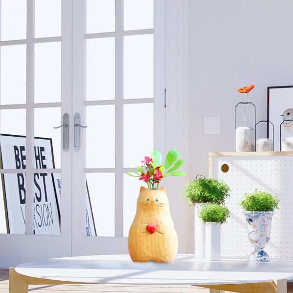 oem/odm services cat vase handmade wooden vase, home decor small vases,solid wood cat statue holding heart shaped,modern creative cat decor affordable bulk deals