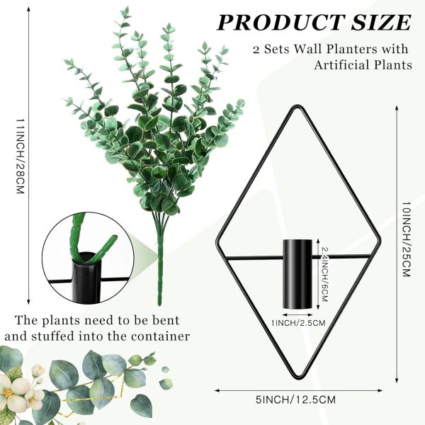 factory direct jexine 2 pcs hanging planters with artificial plants metal hanging vase indoor plants holder modern geometric boho wall decor for living room home office(black, eucalyptus) volume discount