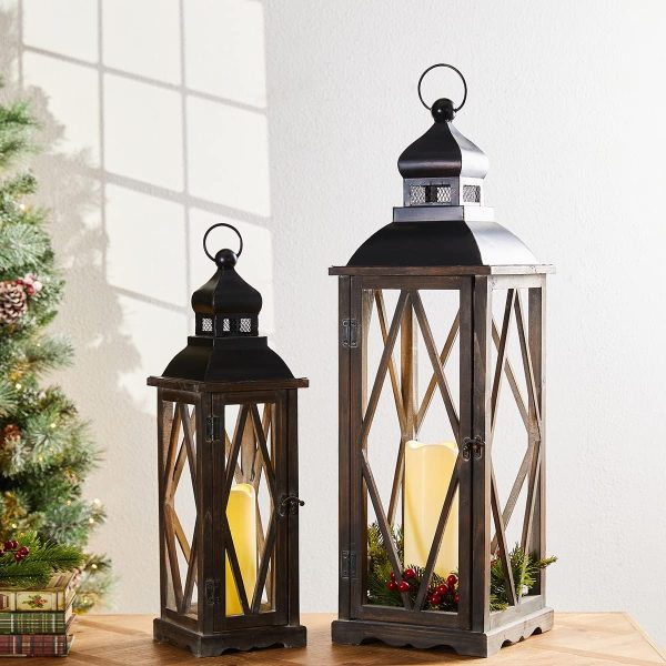 custom wholesale glitzhome 2 pack farmhouse wood/metal decorative candle lanterns vintage hanging lantern for patio - tabletop, black (no glass) oem/odm services