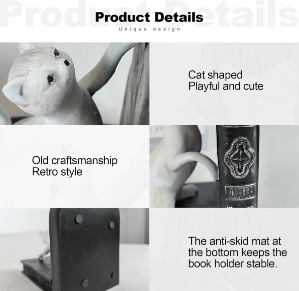 supplier direct liffy decorative bookends, heavy duty resin cat bookends, non-skid bookshelf stopper, cute cat figures for shelves, study, office desk (white, 1 piece) wholesale prices