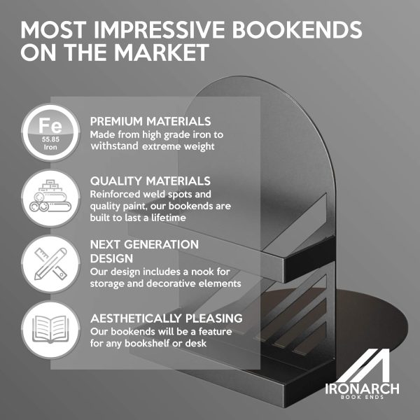 supplier direct iron arch modern and decorative bookends for heavy books, 200% stronger & heavier than the average bookends, large bookends with matching bonus storage cup (carbon black) wholesale prices