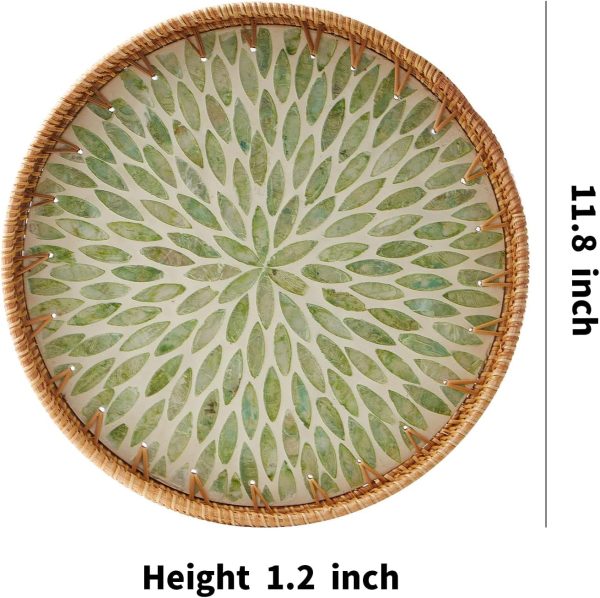 wholesale direct round rattan tray with mother of pearl inlay, rattan serving tray with wooden base, decorative wicker basket for table decor, storage and display of coffee bread food fruit (leaf) bulk purchase at factory prices