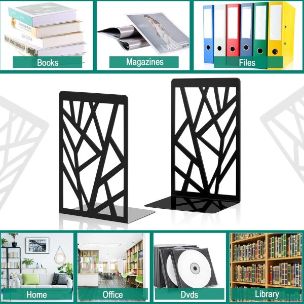 supplier direct sayglossy 3 pairs metal bookends for shelves decorative tree book holder leaf bookends geometrical art design book stopper for book divider holder home office (black,geometrical) wholesale prices