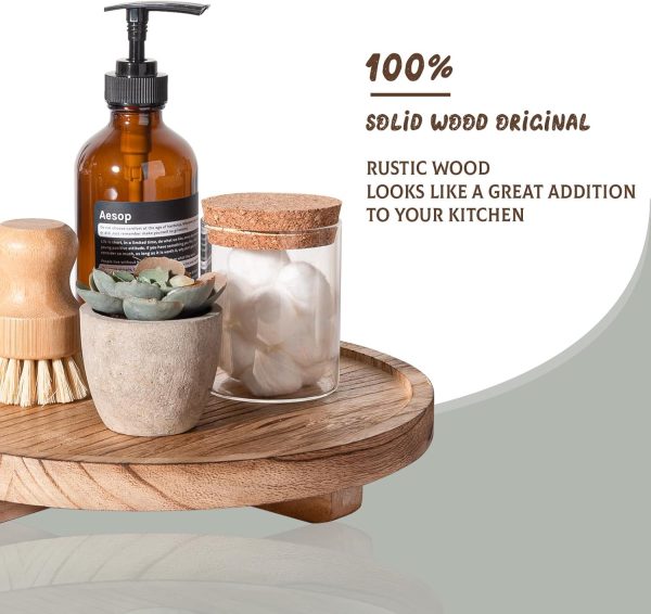 wholesale direct round decorative tray wood bathroom counter organizer farmhouse kitchen decor wooden riser for soap dish, perfume, candle, sponge, 10" - brown bulk purchase at factory prices